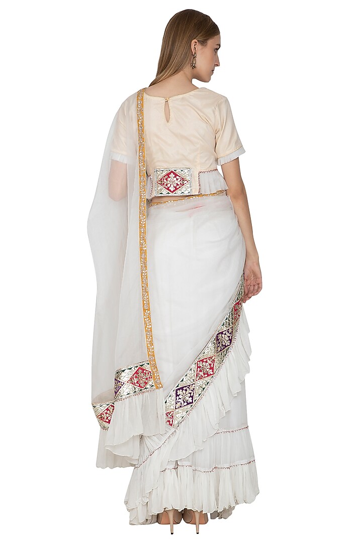 Off white pre drape ruffle saree main image 1