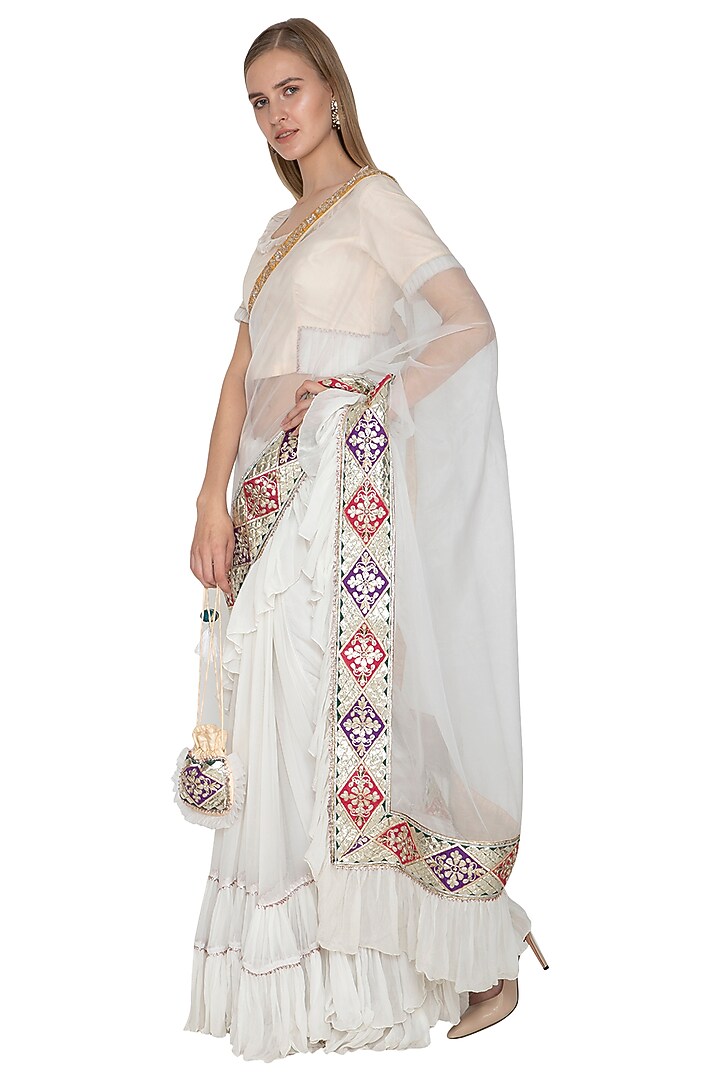 White Embroidered Pre-Draped & Ruffled Wedding Saree Set by Bodhitree Jaipur at Pernia's Pop Up Shop