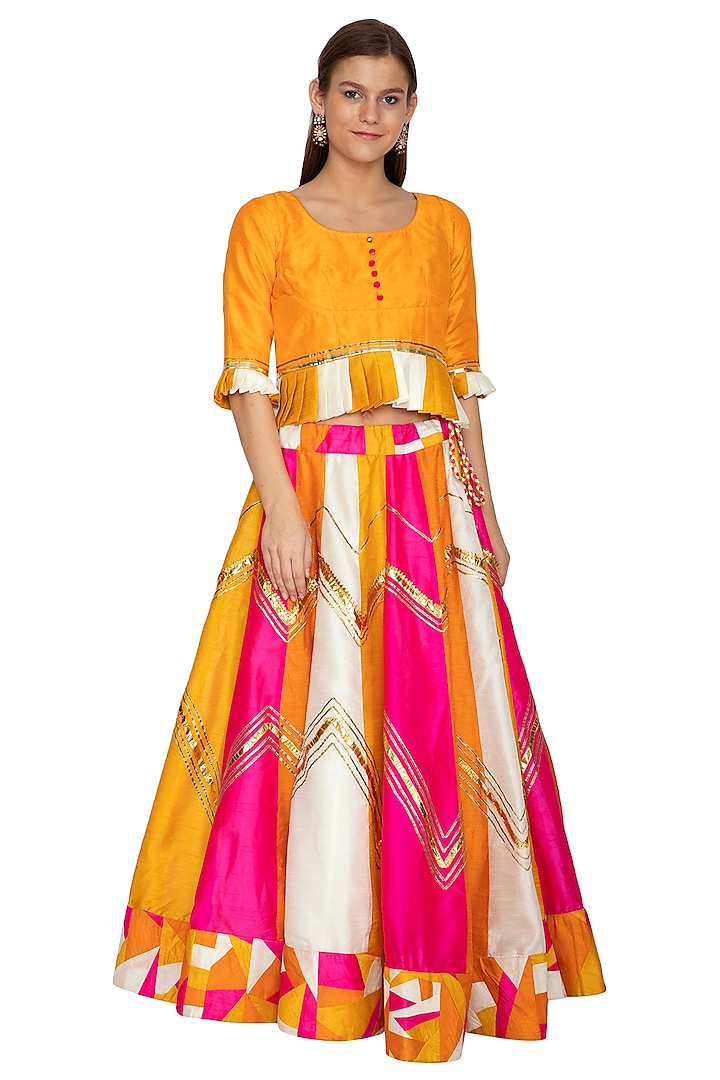 Orange Embroidered Pleated Peplum Top With Skirt by Bodhitree Jaipur