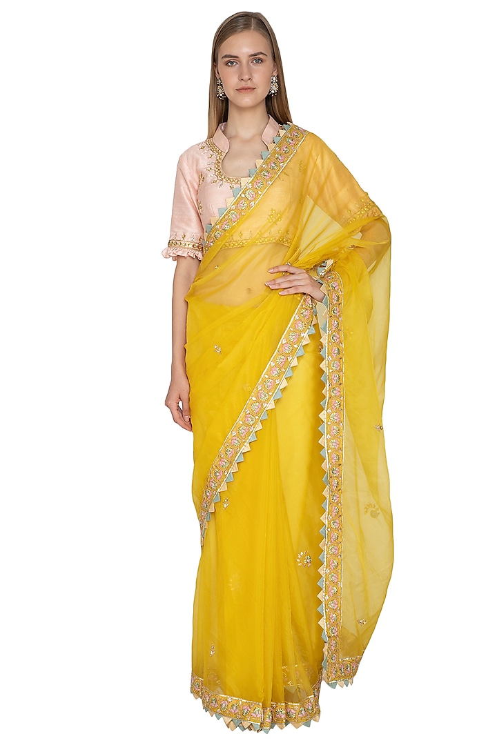 Yellow Embroidered Saree Set by Bodhitree Jaipur at Pernia's Pop Up Shop