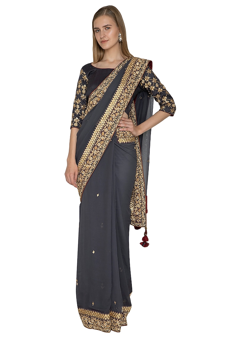 Grey Embroidered Wedding Saree Set by Bodhitree Jaipur at Pernia's Pop Up Shop