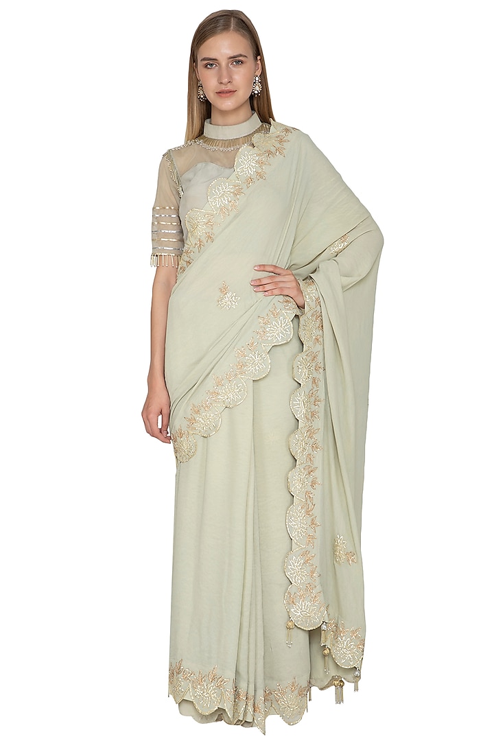 Pistachio Green Embroidered Saree Set by Bodhitree Jaipur
