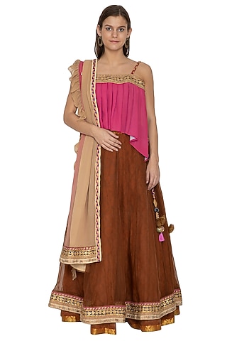 Burnt Carmine Embroidered Lehenga Set by Bodhitree Jaipur