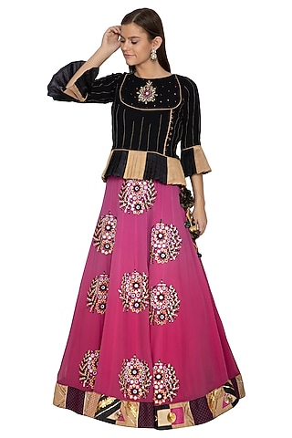 Deep Pink Embroidered Lehenga With Peplum Top by Bodhitree Jaipur