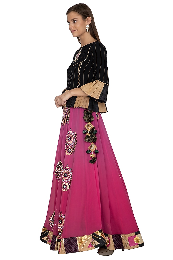 Deep Pink Embroidered Lehenga With Peplum Top by Bodhitree Jaipur at Pernia's Pop Up Shop