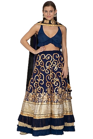 Dark Blue Embroidered Lehenga Set by Bodhitree Jaipur