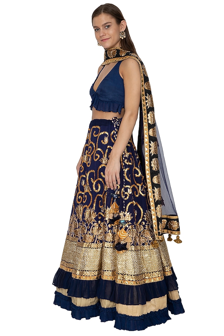 Dark Blue Embroidered Wedding Lehenga Set by Bodhitree Jaipur at Pernia's Pop Up Shop