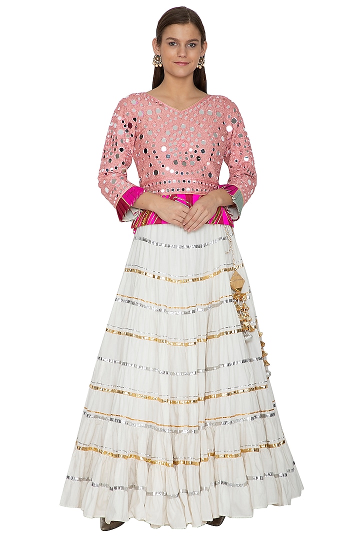Ivory Embroidered Lehenga With Top by Bodhitree Jaipur