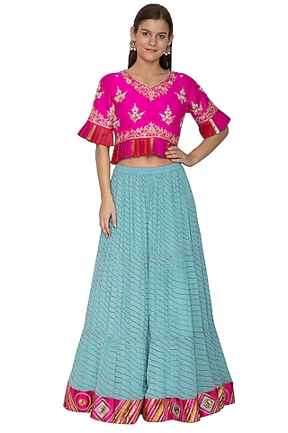 Aqua Blue Printed & Embroidered Leheriya Lehenga With Top by Bodhitree Jaipur