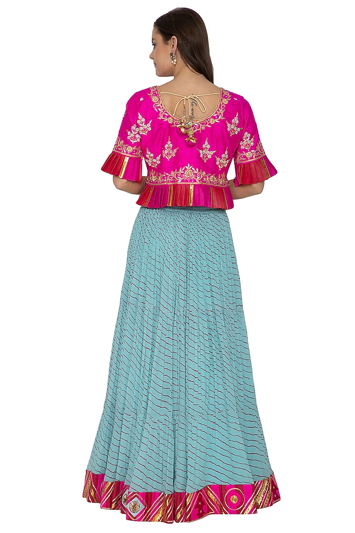Aqua Blue Printed & Embroidered Leheriya Lehenga With Top by Bodhitree Jaipur at Pernia's Pop Up Shop