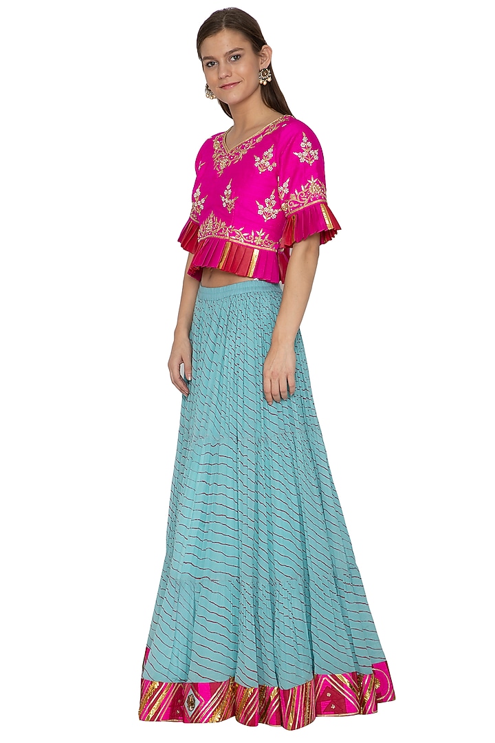 Aqua Blue Printed & Embroidered Leheriya Lehenga With Top by Bodhitree Jaipur at Pernia's Pop Up Shop
