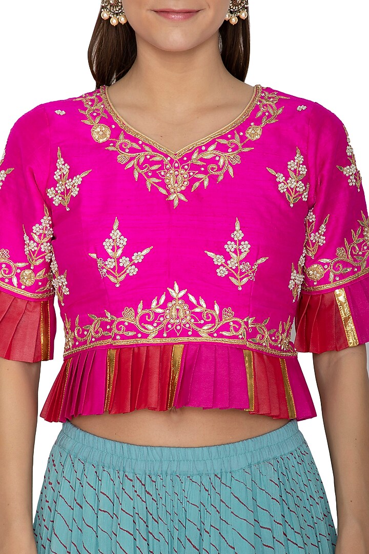 Aqua Blue Printed & Embroidered Leheriya Lehenga With Top by Bodhitree Jaipur at Pernia's Pop Up Shop