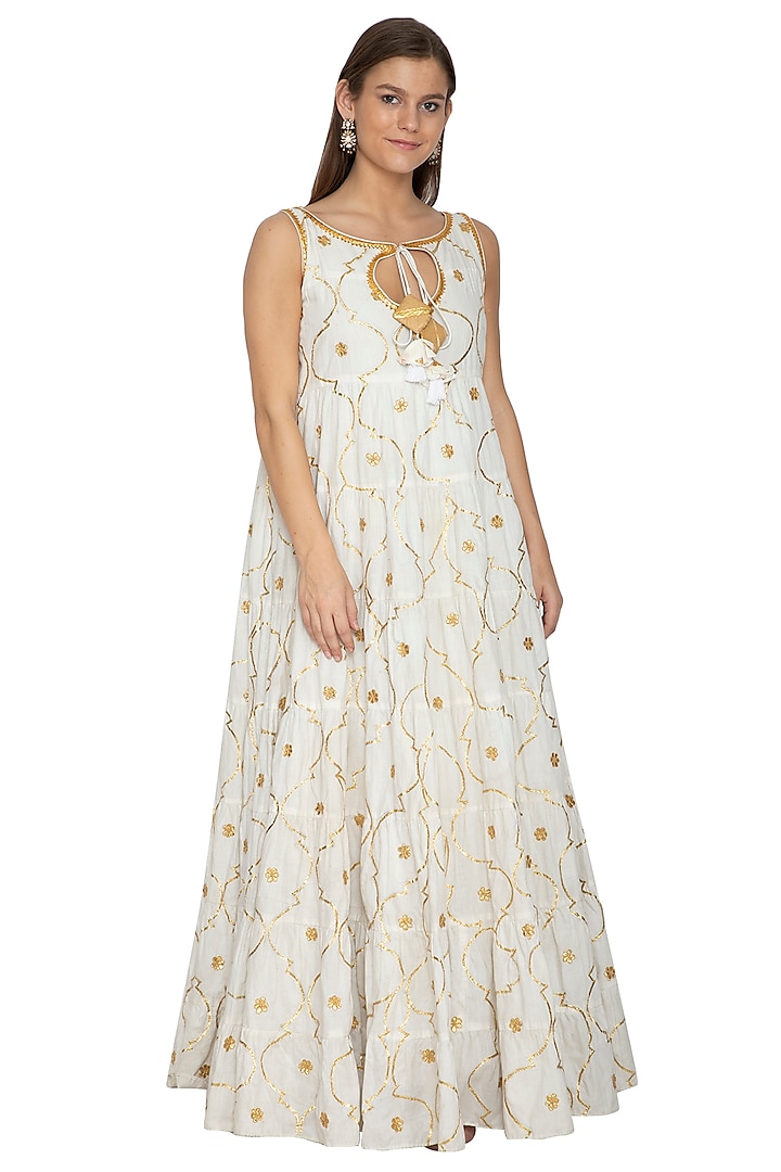 Ivory Embroidered Cotton Anarkali by Bodhitree Jaipur