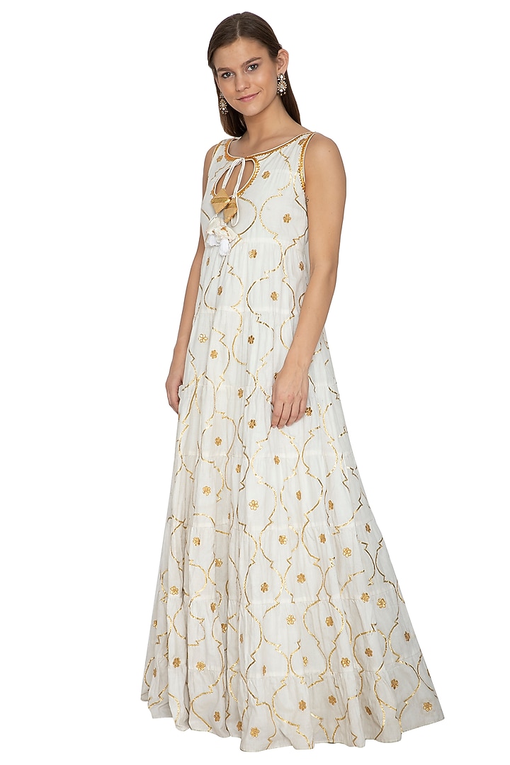 Ivory Embroidered Cotton Party Wear Anarkali by Bodhitree Jaipur at Pernia's Pop Up Shop
