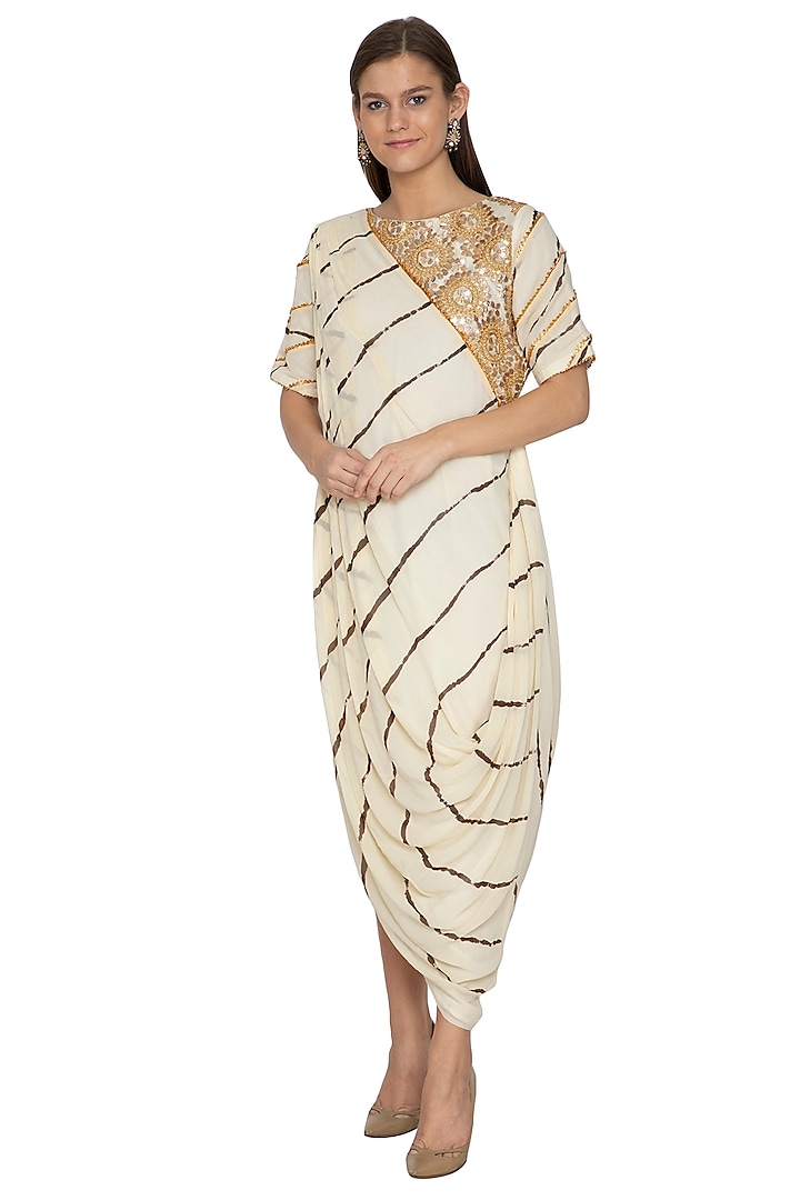 White Embroidered & Printed Draped Dress by Bodhitree Jaipur