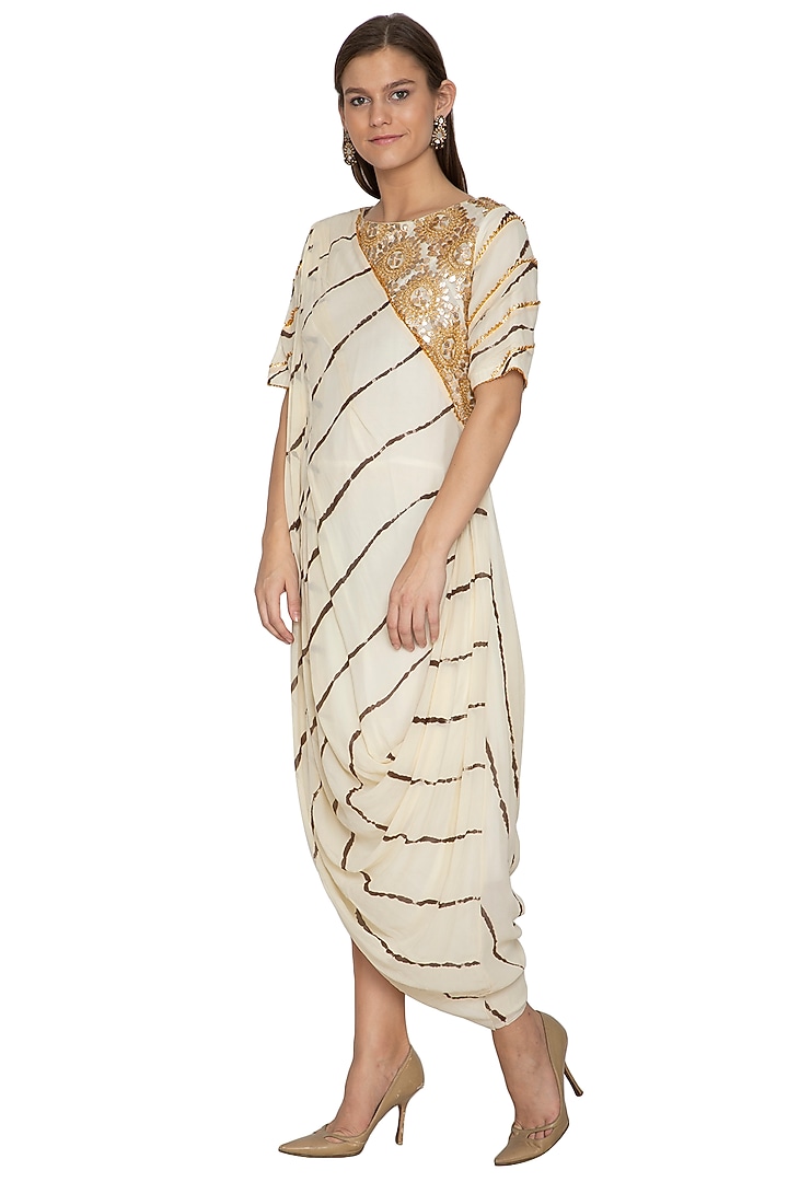 White Embroidered & Printed Draped Vacation Dress by Bodhitree Jaipur at Pernia's Pop Up Shop