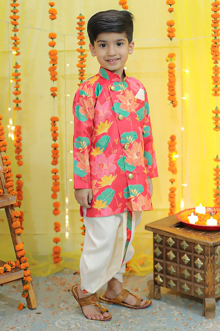 Pink Silk Blend Floral Printed Sherwani Set For Boys by BownBee