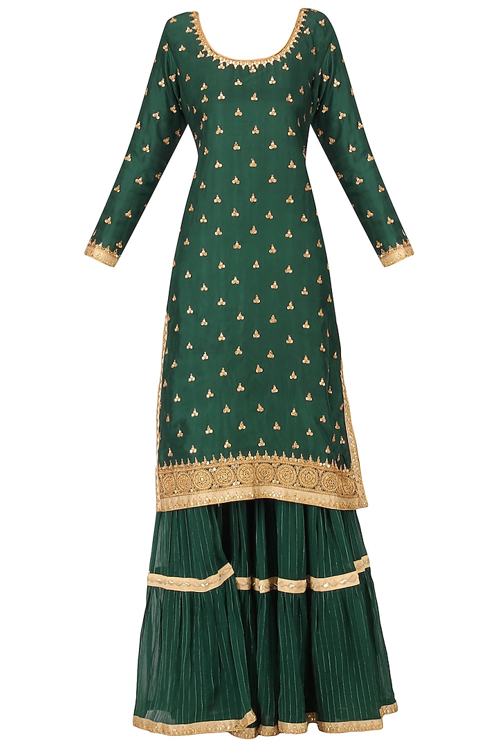 Emerald Green Embroidered Kurta and Gharara Pants Set by Bodhitree Jaipur