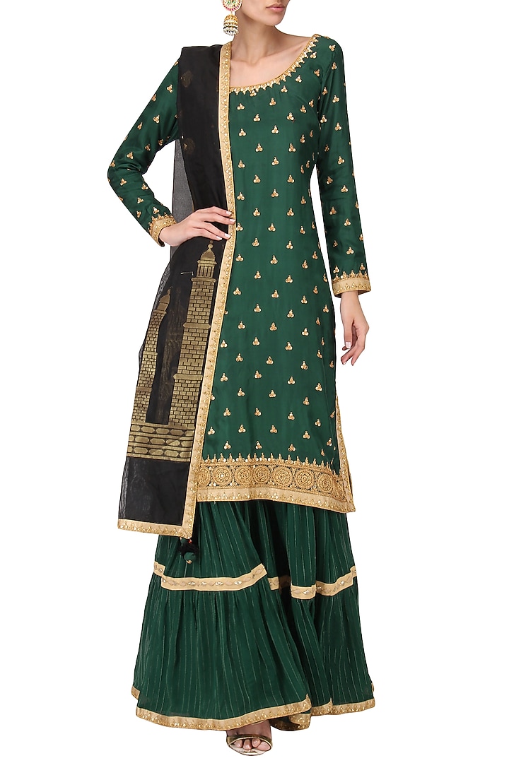 Emerald green embroidered kurta and gharara pants set available only at Pernia's Pop Up Shop.