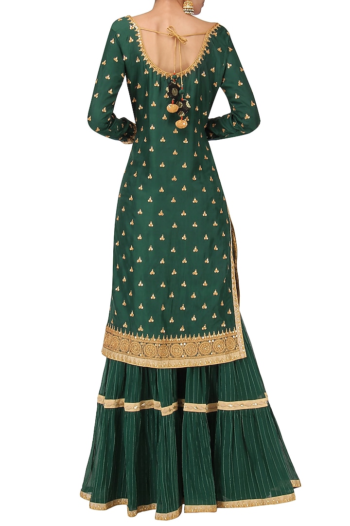Emerald green embroidered kurta and gharara pants set available only at Pernia's Pop Up Shop.