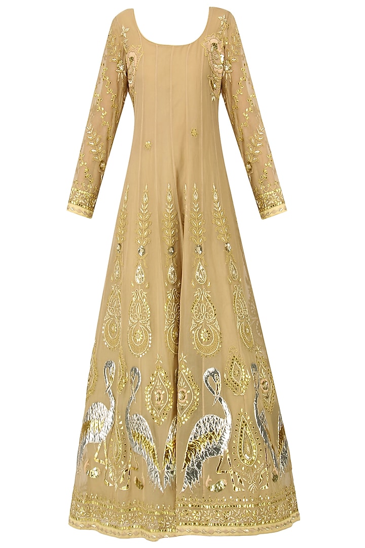 Barley Beige Embroidered Anarkali Gown by Bodhitree Jaipur