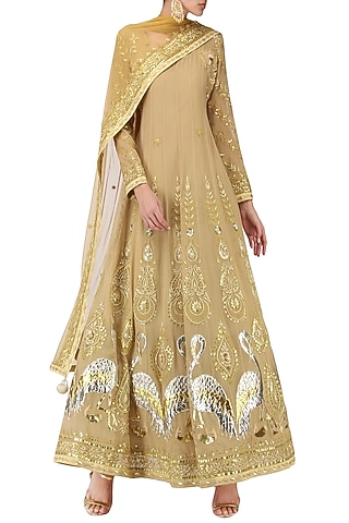 Barley Beige Embroidered Anarkali Gown by Bodhitree Jaipur