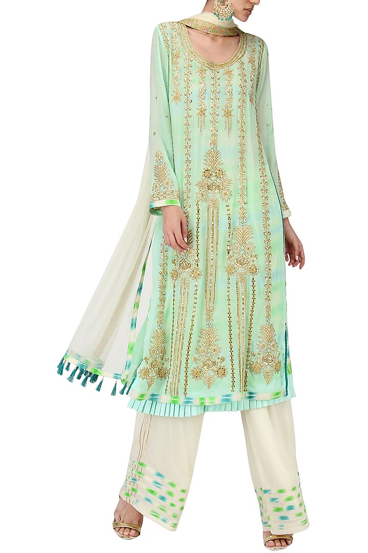 Mint green embroidered layered kurta set available only at Pernia's Pop Up Shop.