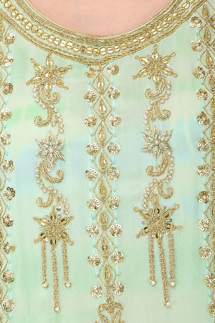 Mint green embroidered layered kurta set available only at Pernia's Pop Up Shop.