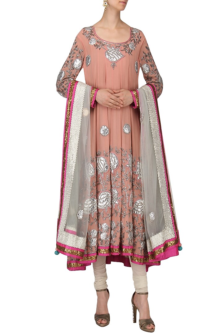 Flamingo pink embroidered anarkali set available only at Pernia's Pop Up Shop.