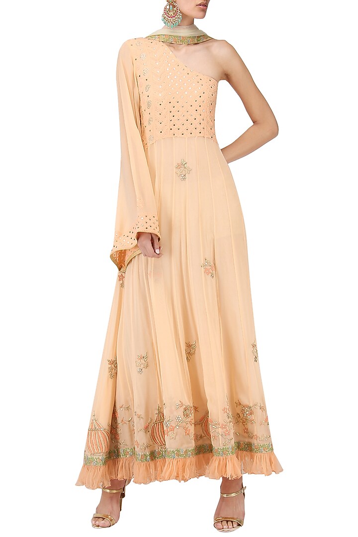 Peach one shoulder maxi dress available only at Pernia's Pop Up Shop.