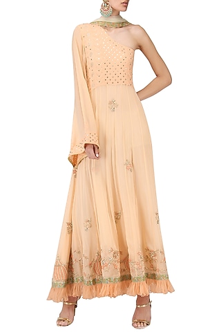 Peach One Shoulder Maxi Dress by Bodhitree Jaipur