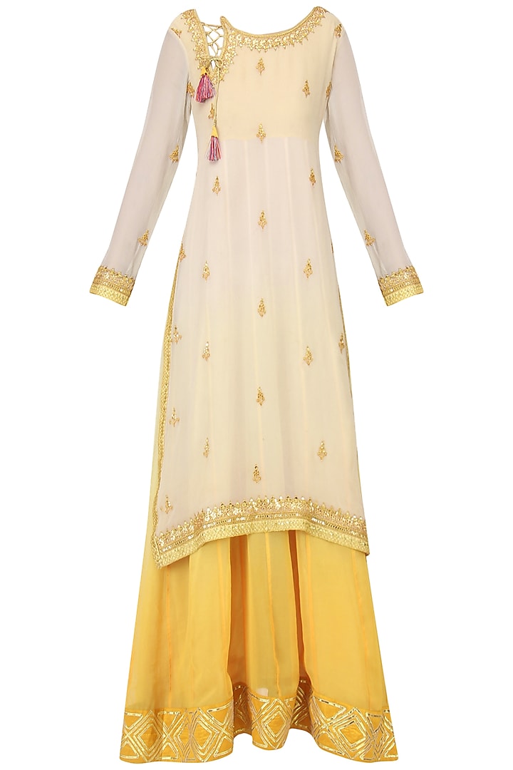 Off White and Yellow Embroidered Layered Kurta Set by Bodhitree Jaipur
