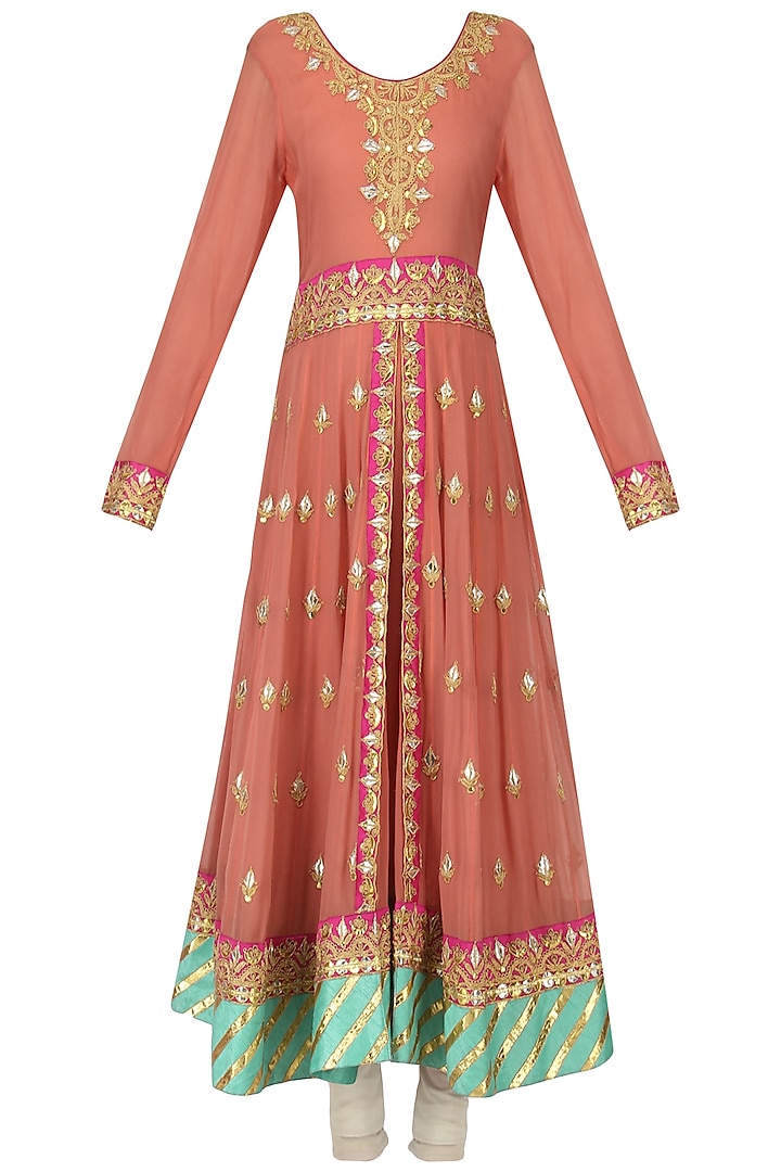 Carrot Pink and Mint Green Anarkali Set by Bodhitree Jaipur