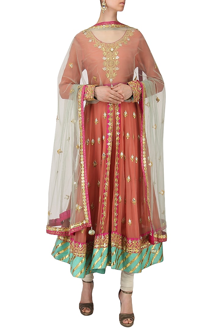 Carrot pink and mint green anarkali set available only at Pernia's Pop Up Shop.
