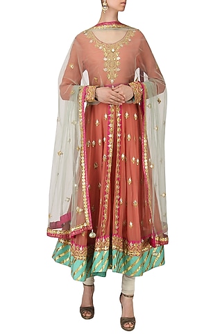 Carrot Pink and Mint Green Anarkali Set by Bodhitree Jaipur