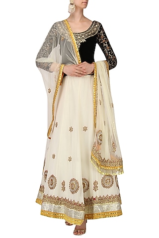 Black and White Embroidered Lehenga Set by Bodhitree Jaipur