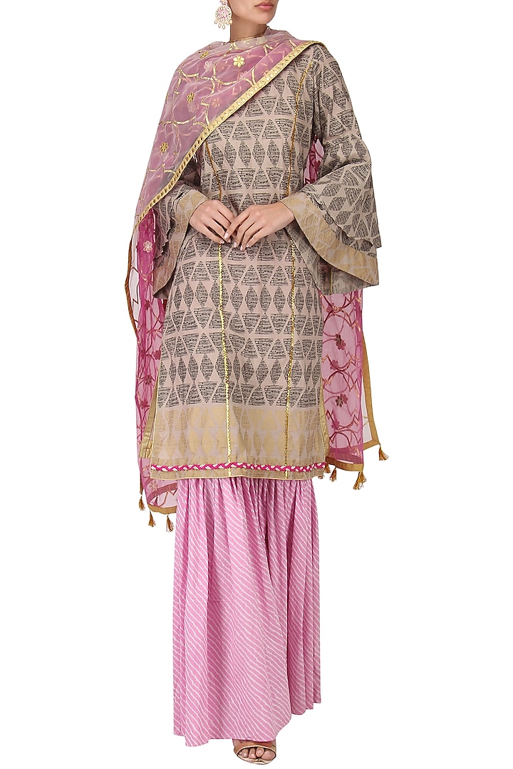 Grey Block Print Embroidered Kurta with Lavender Gharara Pants Set by Bodhitree Jaipur