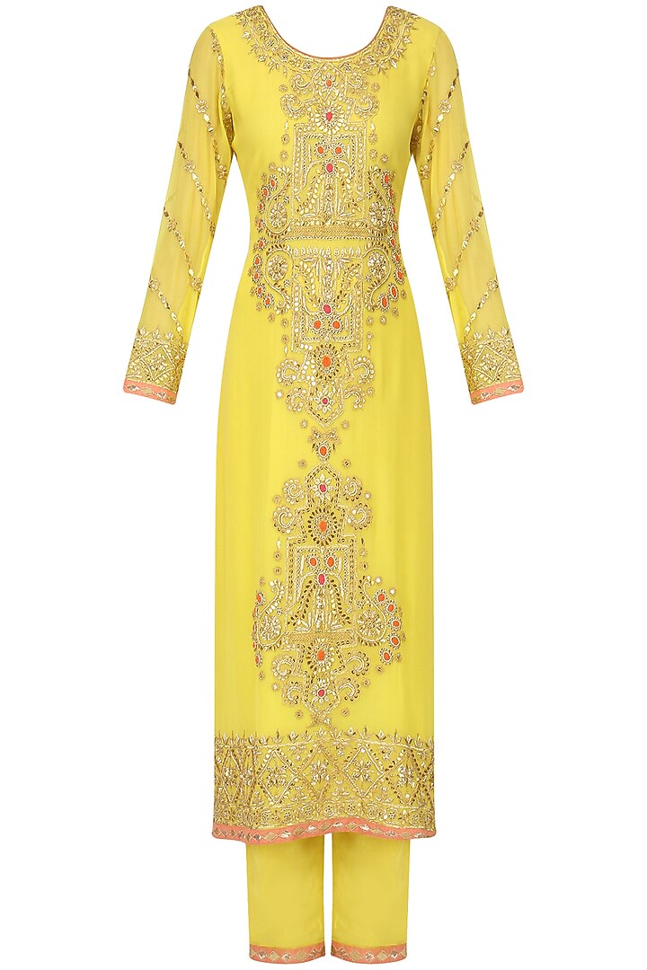 Yellow and tangerine embroidered kurta set available only at Pernia's Pop Up Shop.