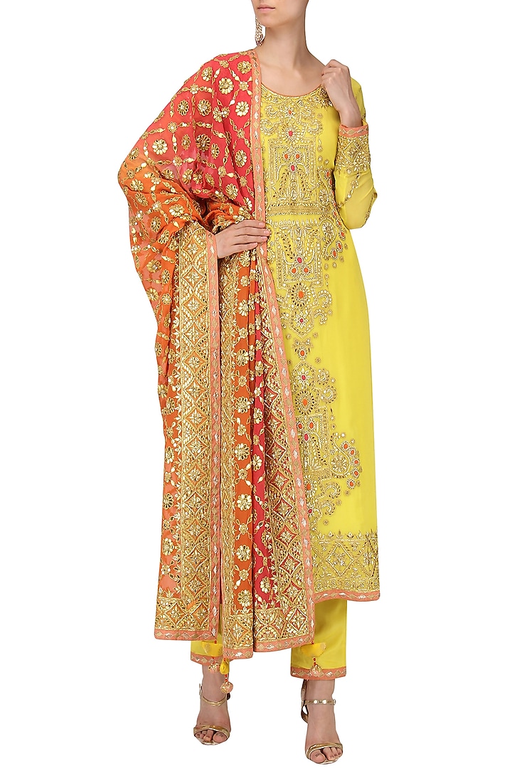 Yellow and Tangerine Embroidered Kurta Set by Bodhitree Jaipur