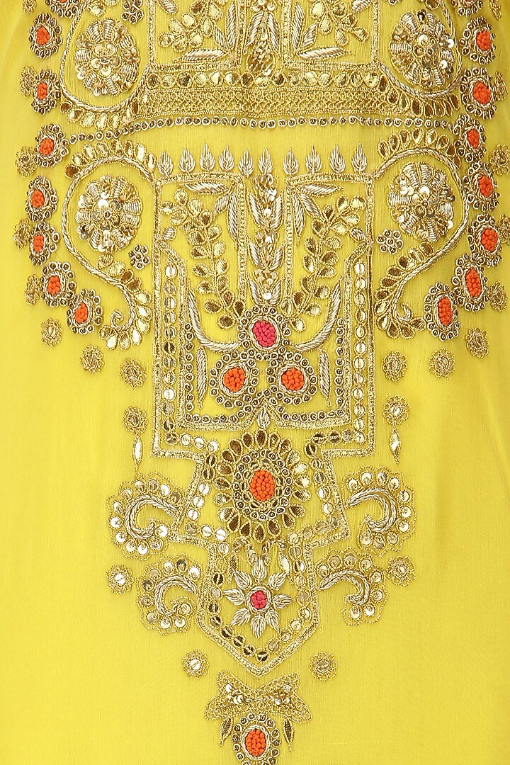 Yellow and tangerine embroidered kurta set available only at Pernia's Pop Up Shop.