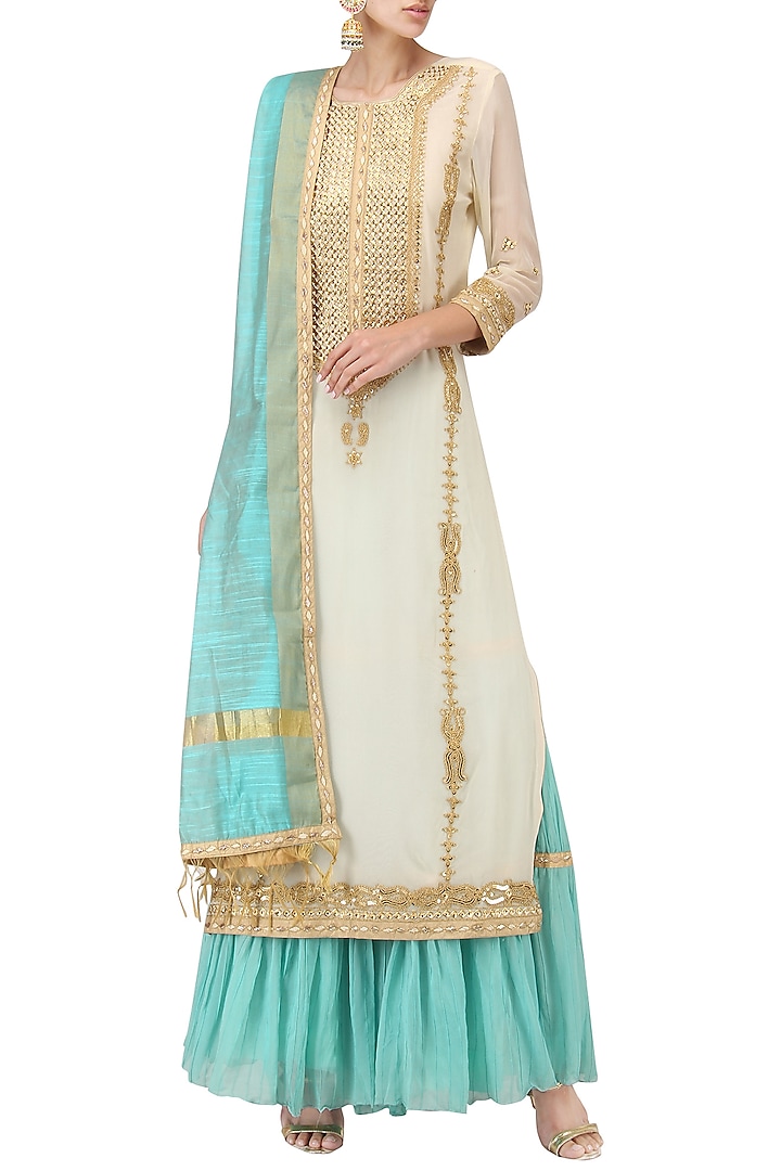 Off White Embroidered Kurta with Turquoise Gharara Pants Set by Bodhitree Jaipur
