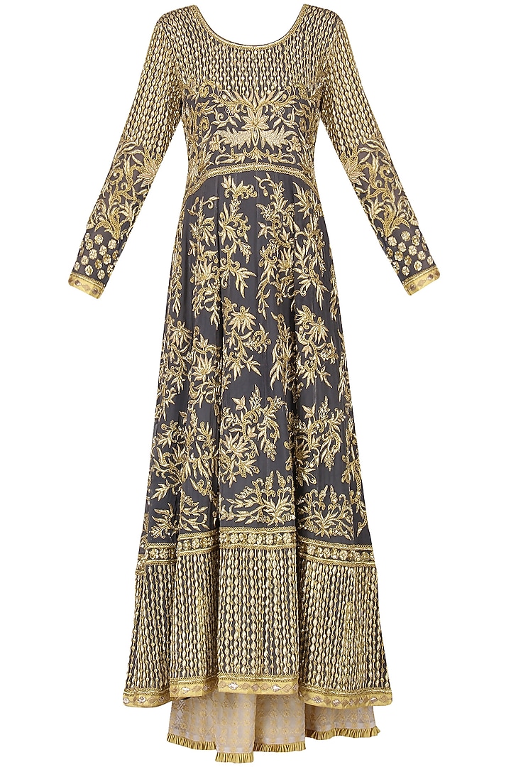 Grey embroidered anarkali with beige sharara pants set available only at Pernia's Pop Up Shop.