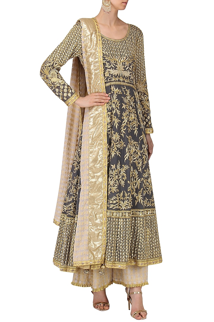 Grey Embroidered Anarkali with Beige Sharara Pants Set by Bodhitree Jaipur