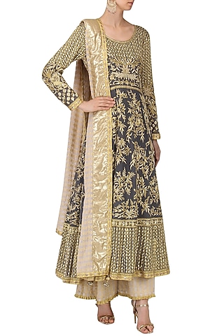 Grey Embroidered Anarkali with Beige Sharara Pants Set by Bodhitree Jaipur