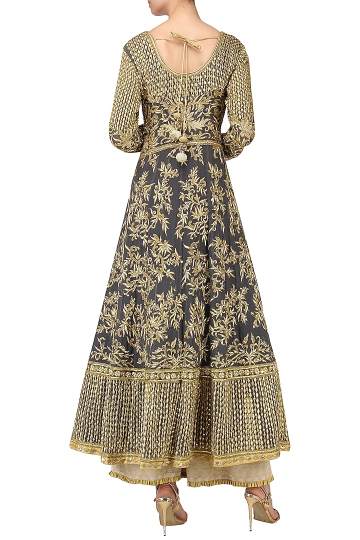 Grey embroidered anarkali with beige sharara pants set available only at Pernia's Pop Up Shop.