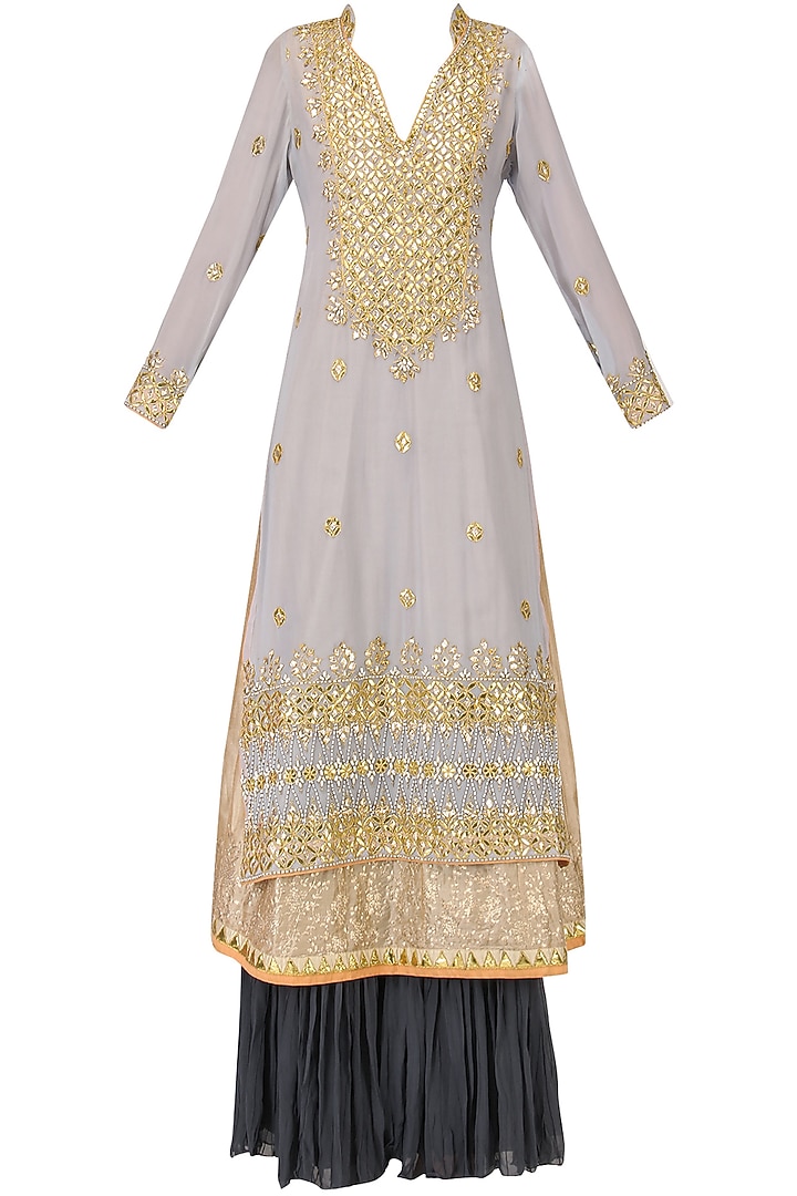 Powder blue embroidered kurta with navy blue sharara pants set available only at Pernia's Pop Up Shop.