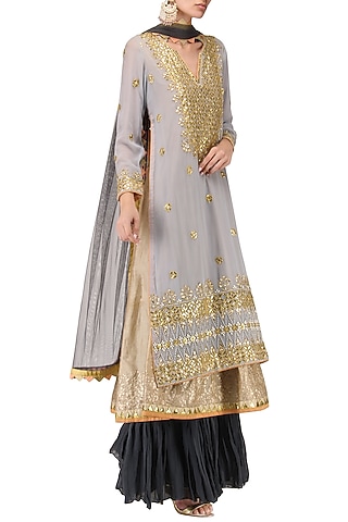 Powder Blue Embroidered Kurta with Navy Blue Sharara Pants Set by Bodhitree Jaipur