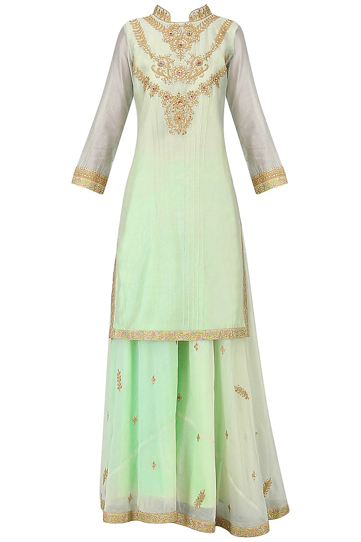 Pastel green embroidered lehenga set available only at Pernia's Pop Up Shop.