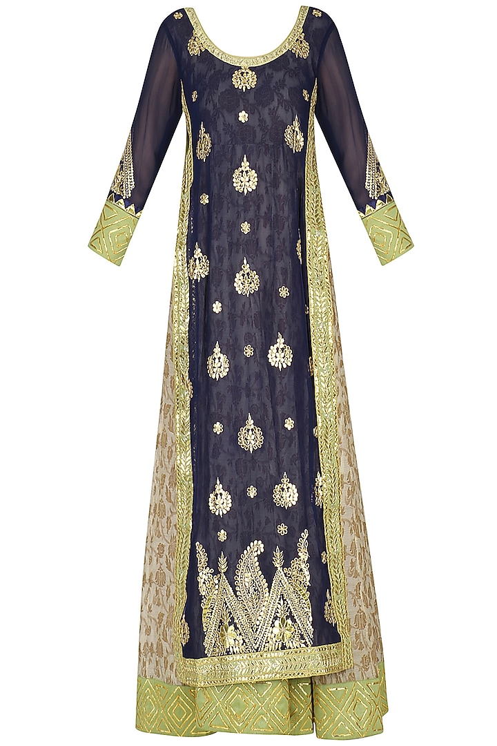 Navy blue and pear green embroidered kurta set available only at Pernia's Pop Up Shop.