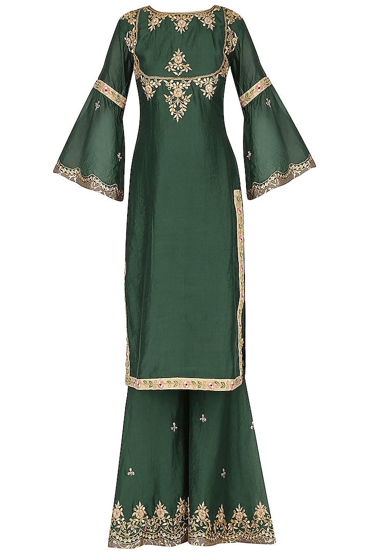 Emerald green embroidered sharara pants set available only at Pernia's Pop Up Shop.